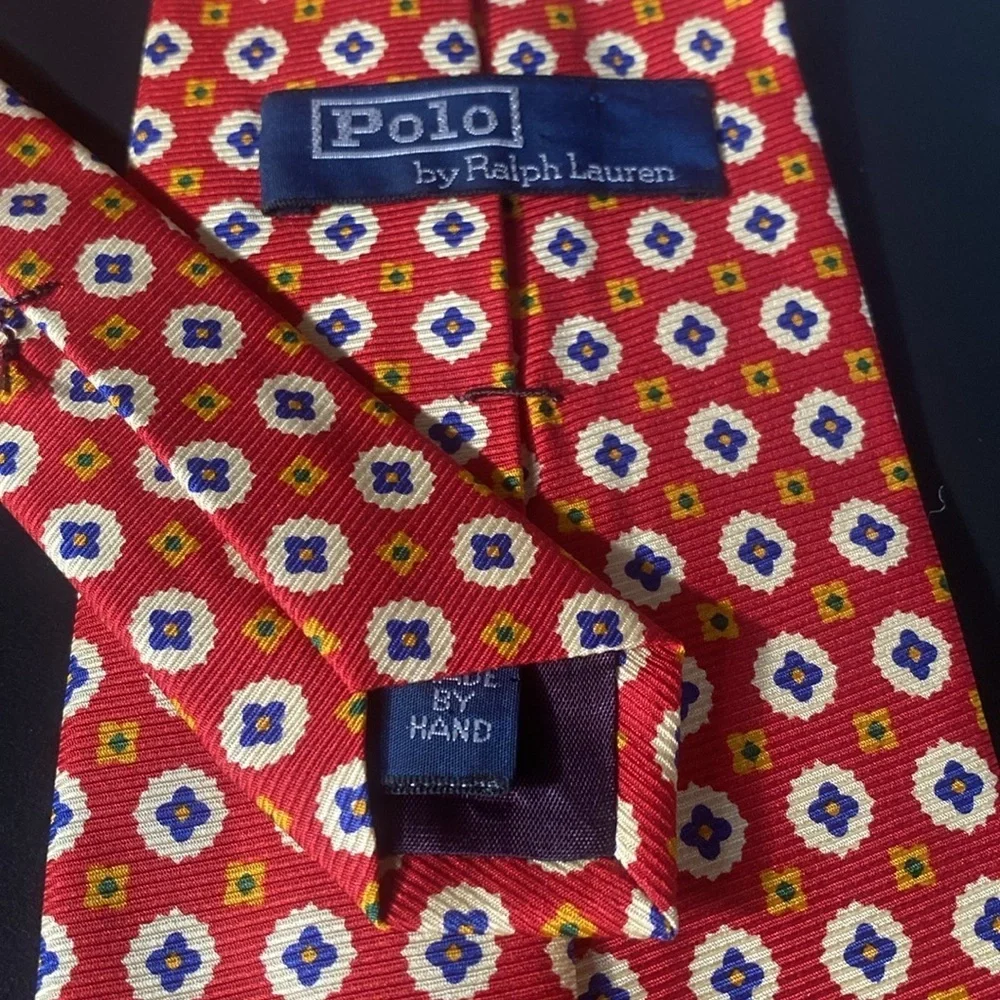 Polo Ralph Lauren Made by Hand Brocade Silk Tie Orange Red White Navy Geometric